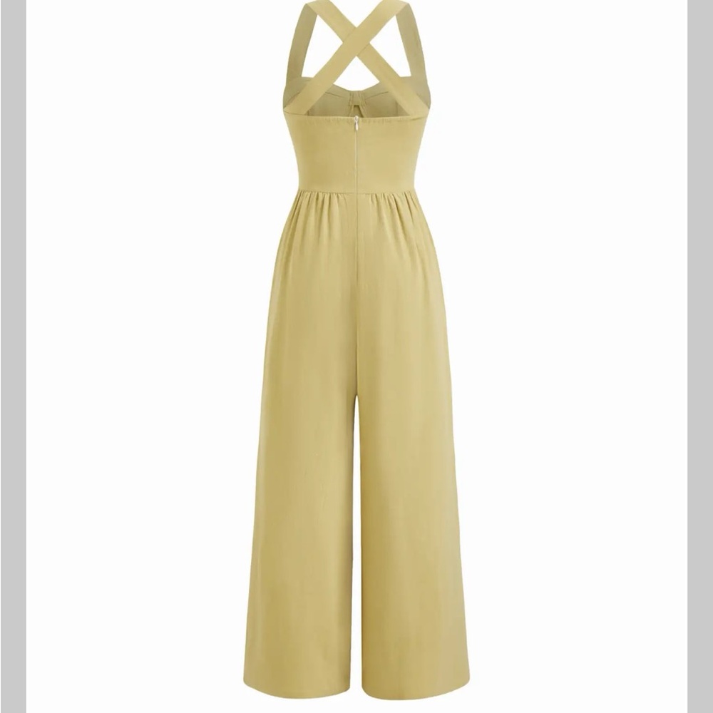 Cider LINEN-BLEND SQUARE NECK CRISS CROSS PLEATED JUMPSUIT L CC15-9 - Picture 8 of 8